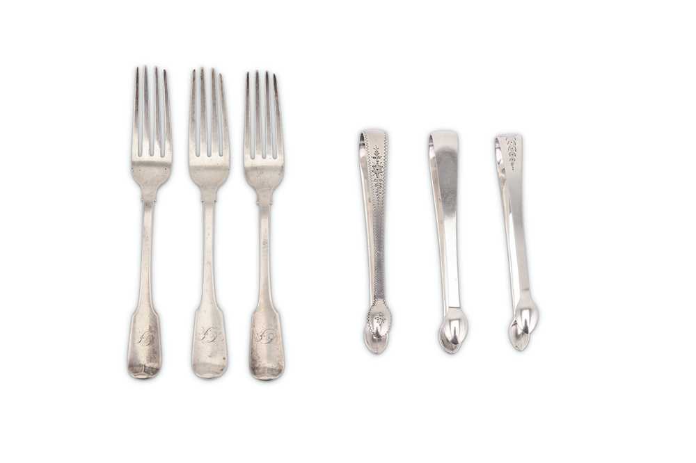 Lot 347 - A mixed group of York provincial sterling silver flatware, including three William IV Fiddle pattern table forks