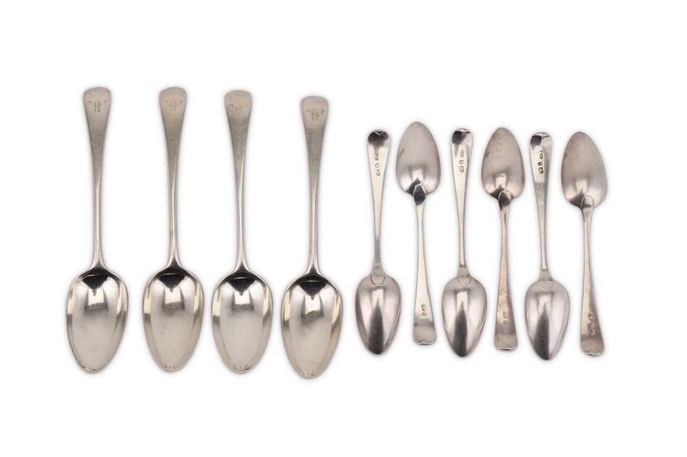 Lot 350 - A mixed group of George III sterling silver flatware, including a set of six provincial dessert spoons, Exeter circa 1797 by Joseph Hicks