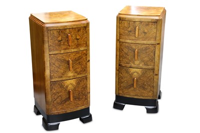 Lot 278 - A pair or Art Deco burr walnut bow fronted bedside chests