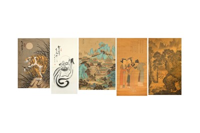 Lot 398 - A GROUP OF FIVE CHINESE HANGING SCROLLS
