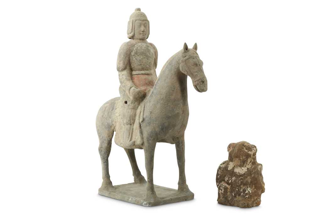 Lot 470 - A CHINESE POTTERY FIGURE OF A HORSE RIDER AND AN OWL.