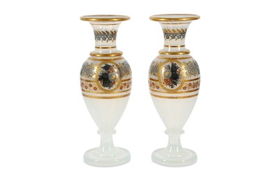 Lot 400 - A pair of mid-19th century French opaline glass baluster vases