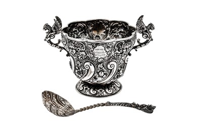 Lot 391 - A Victorian sterling silver twin handled sugar bowl and sugar sifter, London 1892 by Wakely and Wheeler