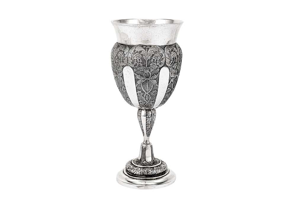 Lot 309 - A mid-19th century Chinese silver export trophy goblet or standing cup, Canton circa 1860, marked for Khecheong