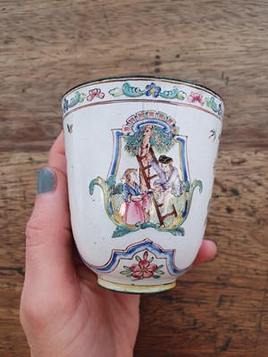 Lot 81 - A CHINESE FAMILLE ROSE CANTON ENAMEL 'CHERRY PICKERS' CUP WITH TREMBLEUSE STAND.