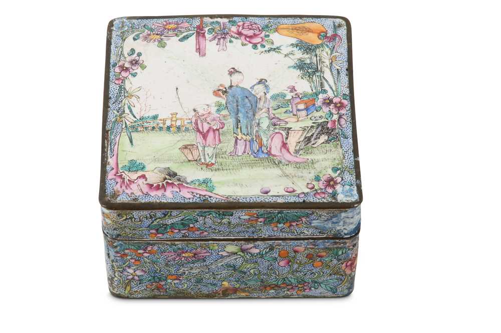 Lot 95 - A CHINESE CANTON ENAMEL FAMILLE ROSE 'LADIES AND BOY' BOX AND COVER.
