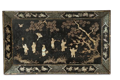 Lot 243 - A CHINESE BLACK LACQUER RECTANGULAR 'BOYS' TRAY.