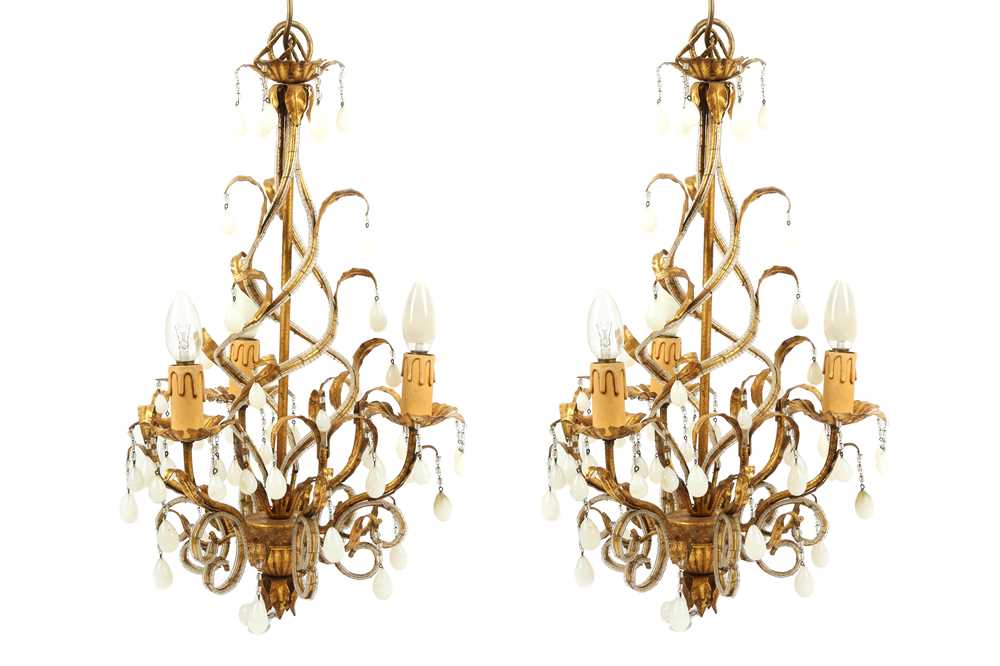 Lot 588 - A pair of 20th Century giltwood and opalescent glass chandeliers
