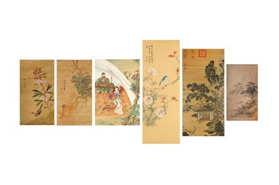 Lot 561 - A COLLECTION OF SIX CHINESE SCROLL PAINTINGS AND PRINTS.