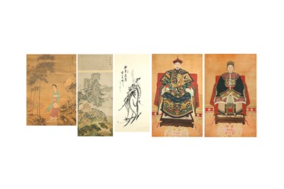 Lot 399 - A GROUP OF FIVE CHINESE HANGING SCROLLS