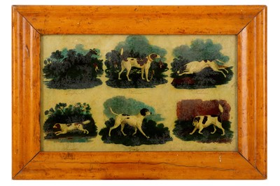 Lot 190 - A PRINT ON GLASS OF ENGLISH HUNTING DOGS