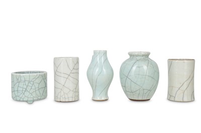 Lot 551 - TWO CHINESE CRACKLE-GLAZE VASES AND THREE BRUSHPOTS, BITONG.