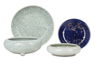 Lot 549 - THREE CHINESE CRACKLE-GLAZE PIECES AND A BLUE-GROUND 'DRAGON' DISH.