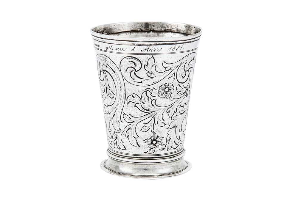 Lot 247 - A late 19th century Austrian 800 standard silver beaker, Vienna circa 1881 by JCK for Joseph Carl Klinkosch (b. 1822, master 1843, d. 1888)