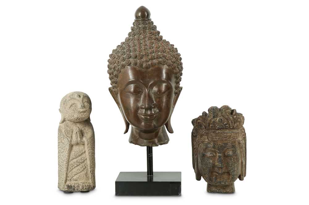 Lot 226 - A Thai bronze Buddha head together with a head of Guanyin and a Japanese Jizo.