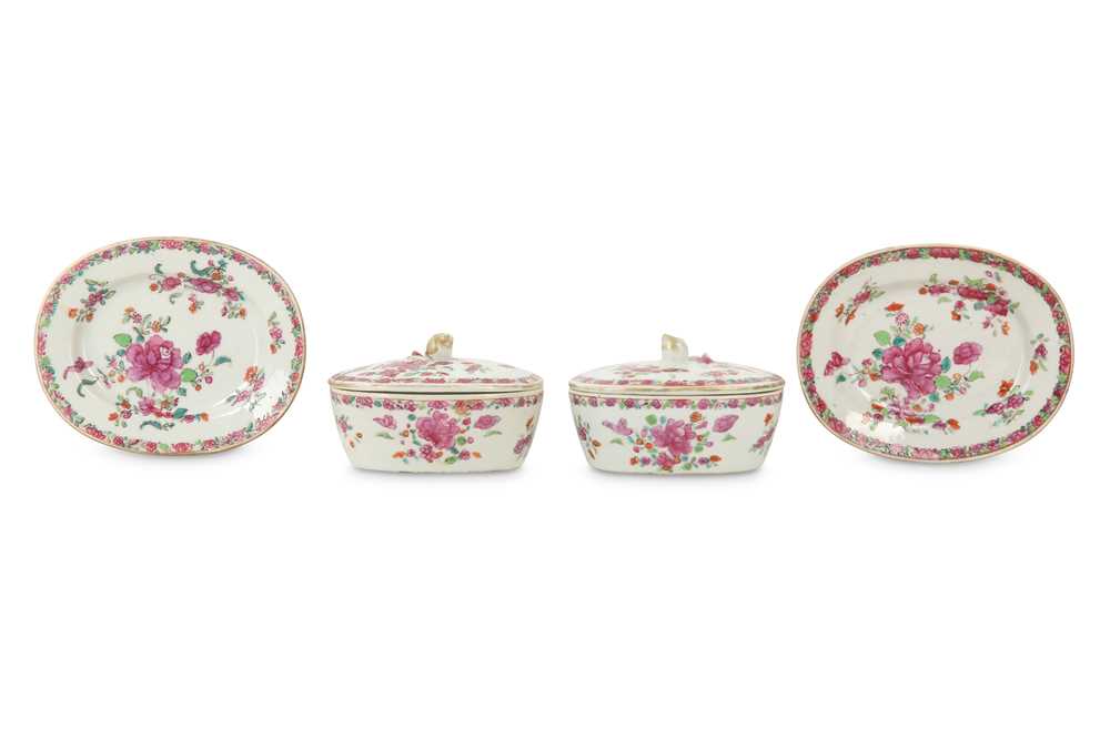 Lot 125 - A PAIR OF CHINESE FAMILLE ROSE BUTTER TUBS, STANDS AND COVERS.