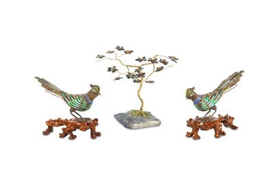Lot 246 - A pair of Chinese filigree white metal and enamel phoenix birds