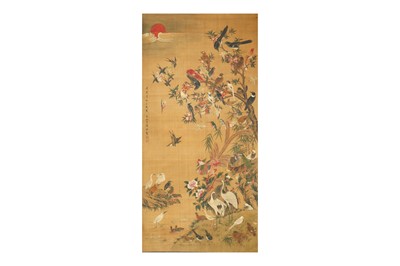 Lot 428 - A CHINESE 'HUNDRED BIRDS' HANGING SCROLL.