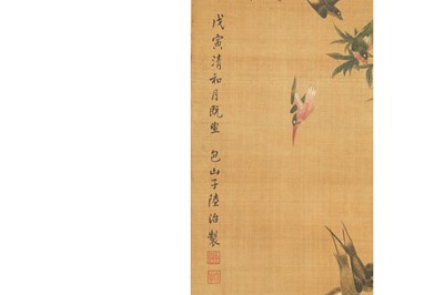 Lot 428 - A CHINESE 'HUNDRED BIRDS' HANGING SCROLL.