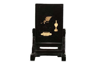 Lot 245 - A CHINESE BLACK LACQUER BONE-INLAID MINIATURE TABLE SCREEN.