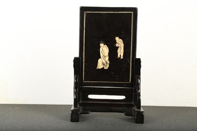 Lot 245 - A CHINESE BLACK LACQUER BONE-INLAID MINIATURE TABLE SCREEN.