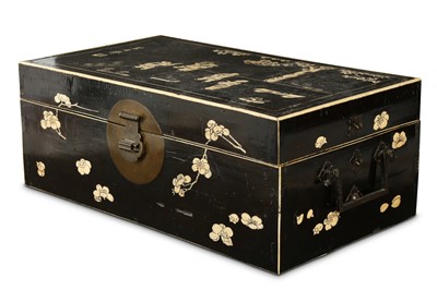 Lot 246 - A CHINESE BLACK LACQUER BONE-INLAID RECTANGULAR 'BOYS' BOX AND COVER.