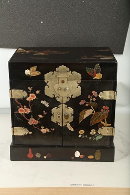 Lot 247 - A CHINESE BLACK LACQUER HARDSTONE-INLAID DRESSING BOX.