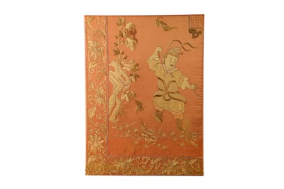 Lot 195 - A CHINESE PEACH-GROUND EMBROIDERED 'WARRIOR' SILK PANEL.