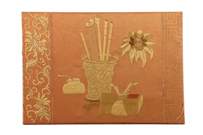 Lot 196 - A CHINESE PEACH-GROUND EMBROIDERED 'SCHOLAR'S DESK' SILK PANEL.