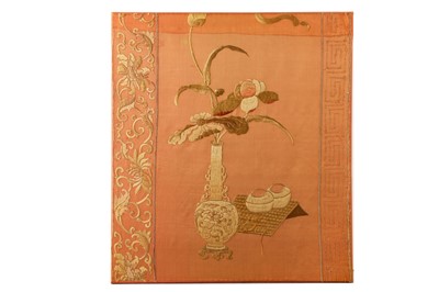 Lot 198 - A CHINESE PEACH-GROUND EMBROIDERED 'FLOWER VASE' SILK PANEL.