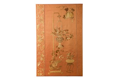 Lot 197 - A CHINESE PEACH-GROUND EMBROIDERED SILK PANEL.