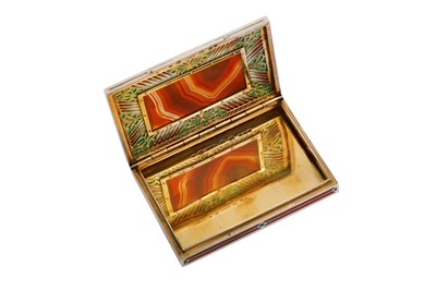 Lot 205 - An early 20th century Austrian 935 standard silver, enamel and agate cigarette case, Vienna by BF, Brüder Frank, import marks for London 1927 by George Stockwell, retailed by Alfred Dunhill
