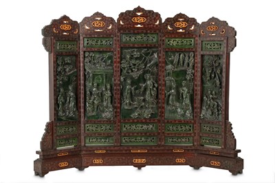 Lot 572 - A CHINESE SPINACH JADE FIVE-PANEL TABLE SCREEN.