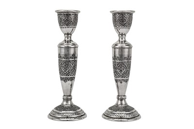 Lot 299 - A late 20th century Iranian (Persian) unmarked silver dressing table mirror and candlesticks, probably Isfahan circa 1975
