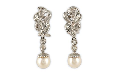 Lot 146 - A pair of cultured pearl and diamond earrings
