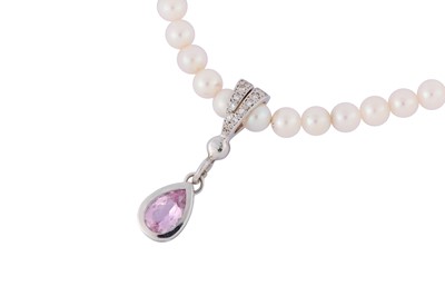 Lot 16 - A cultured pearl, pink topaz and diamond pendent necklace