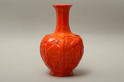 Lot 21 - A CHINESE PEKING GLASS RED 'EIGHT IMMORTALS' GLASS VASE.