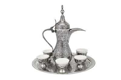 Lot 300 - A late 20th century Egyptian 900 standard silver Turkish coffee set, circa 1985
