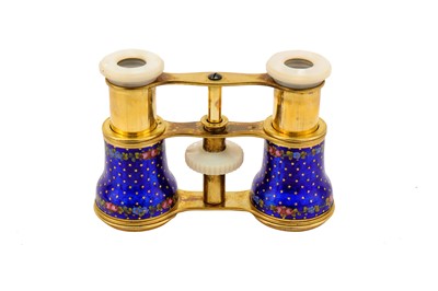 Lot 372 - A cased pair of late 19th century guilloche enamel opera glasses, circa 1880 by Callaghan, New Bond Street