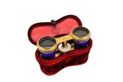 Lot 372 - A cased pair of late 19th century guilloche enamel opera glasses, circa 1880 by Callaghan, New Bond Street
