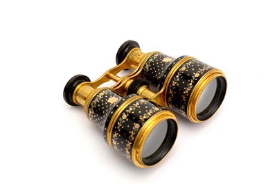 Lot 373 - A cased pair of mid to late 19th century gold inlaid pique work tortoiseshell opera glass, circa 1860 by Dolland and Co