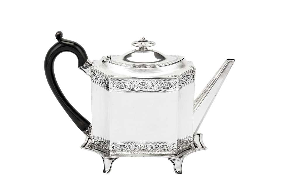 Lot 494 - A George III sterling silver teapot on stand, London 1790 by Henry Chawner (reg. 11th Nov 1786)