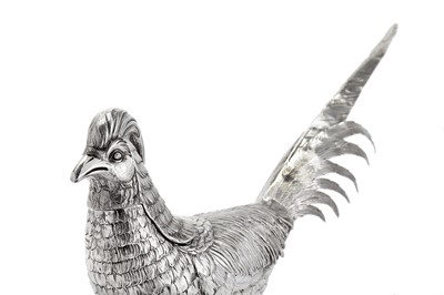 Lot 381 - An early 20th century German sterling silver model of a Chinese golden pheasant, import marks for London 1927 by Thomas Callow & Sons