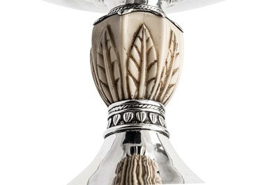 Lot 524 - A unique George V unmarked silver and ivory ‘arts and crafts’ pedestal footed bowl, circa 1920, designed by Norman W. Reynolds