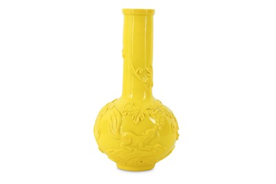 Lot 545 - A CHINESE YELLOW BEIJING 'SQUIRRELS AND VINES' GLASS BOTTLE VASE.