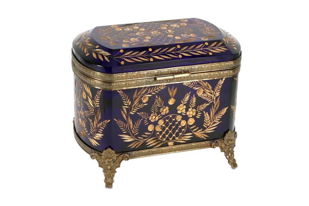 Lot 419 - A large late 19th Century French etched and gilt heightened blue glass casket