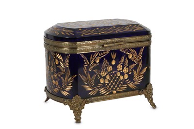 Lot 419 - A large late 19th Century French etched and gilt heightened blue glass casket