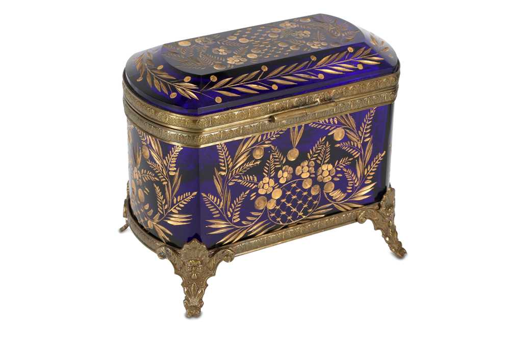 Lot 418 - A late 19th Century French etched and gilt heigtened blue glass casket