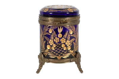 Lot 417 - A late 19th Century French etched and gilt heightened blue glass casket of cylindrical outline