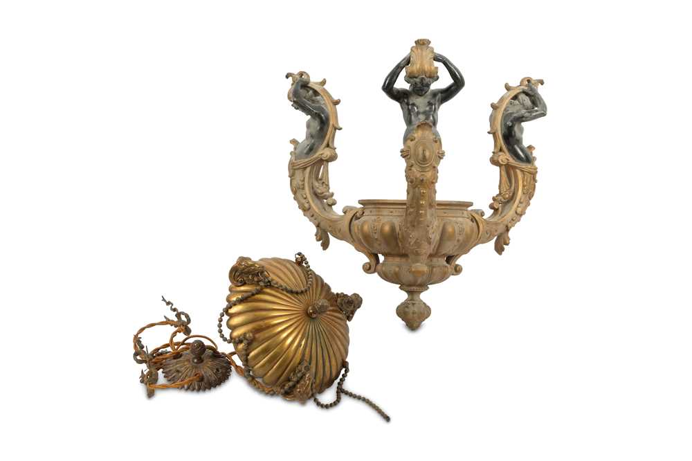 Lot 445 - A gilt bronze three branch figurative pendant light